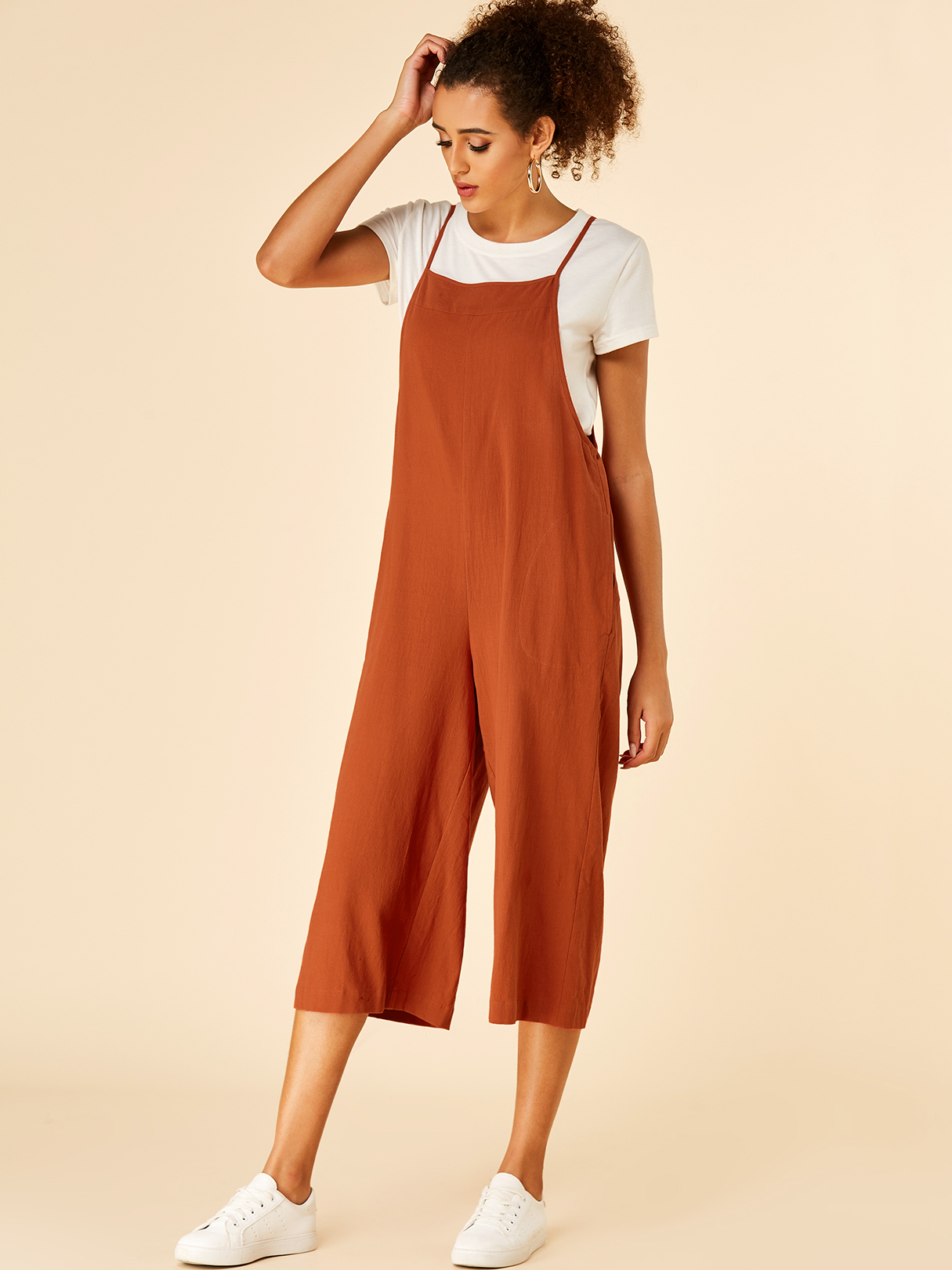 YOINS Rust Pocket Design Square Neck Sleeveless Jumpsuit