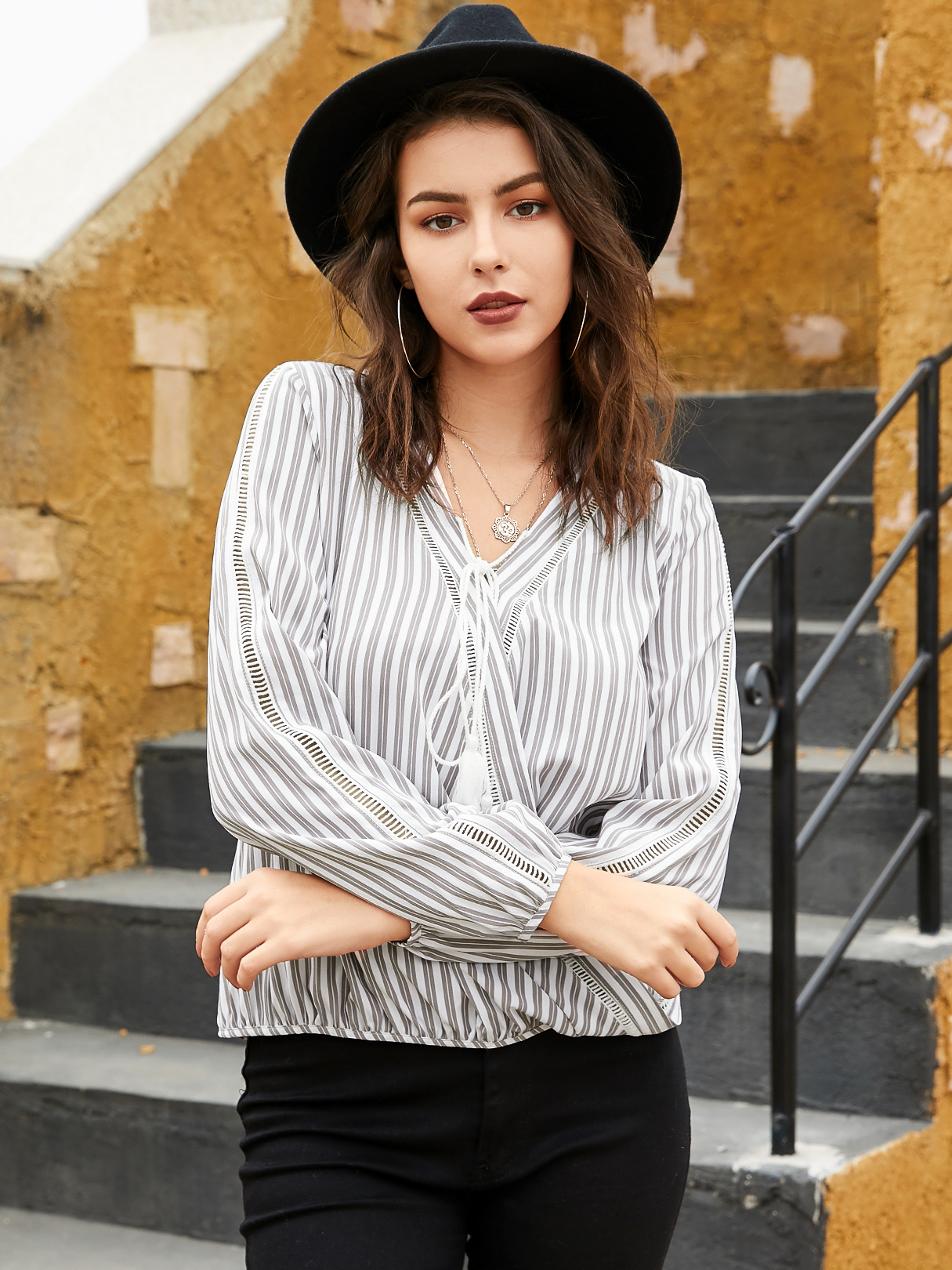 YOINS Grey Adjustable Striped V-neck Long Sleeves Blouse