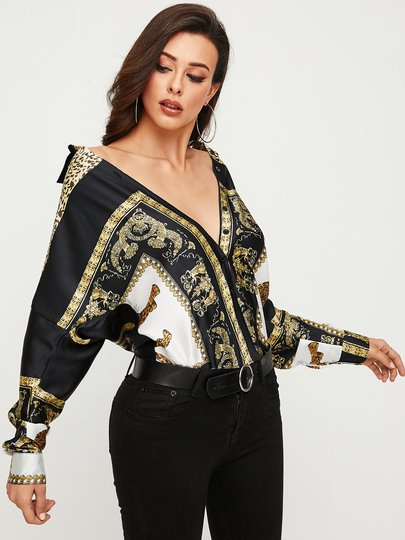 YOINS Black Scarf Print Classic Collar Long Sleeves Blouse