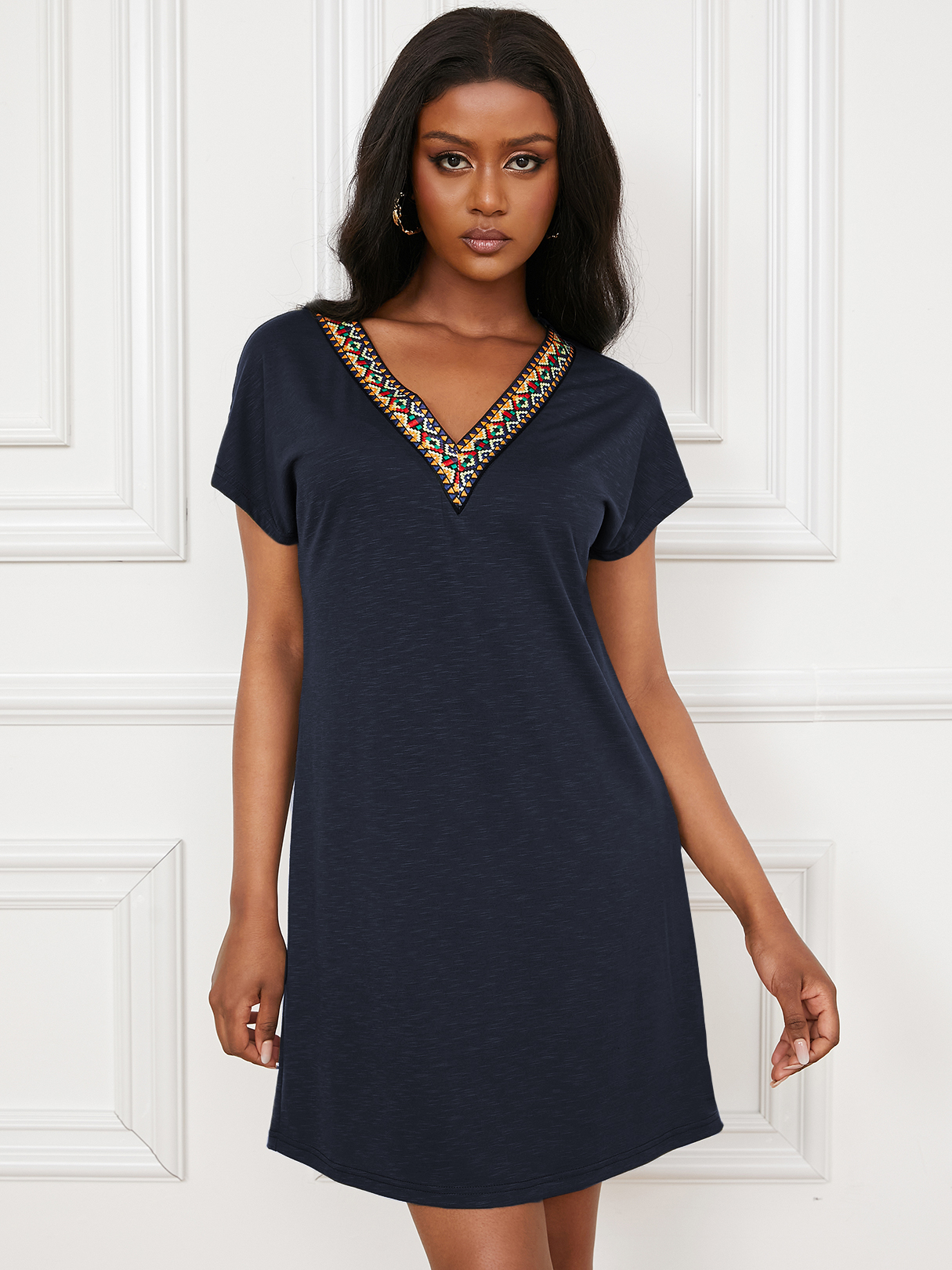 YOINS V-neck Embroidered Tribal Short Sleeves Mini Dress