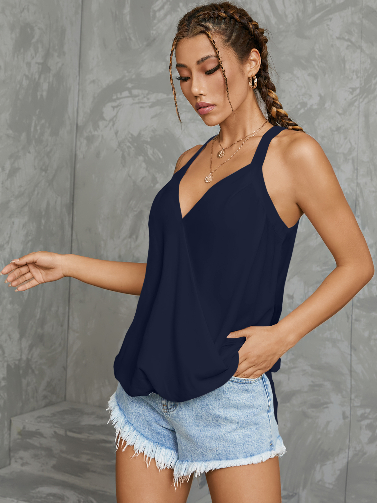 YOINS Navy Halter V-neck Sleeveless Wrap Cami