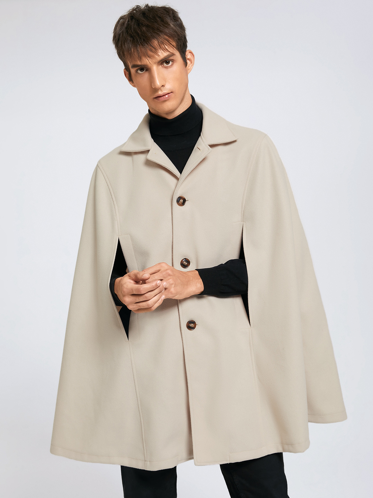 Men Casual Plain Button Design Cloak Cape Coat