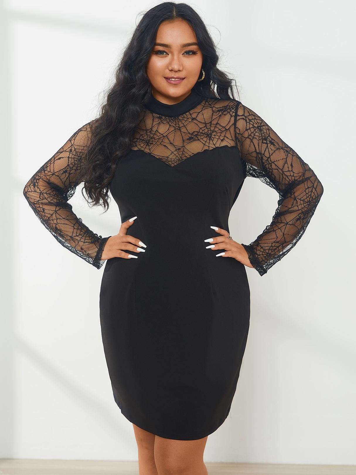 YOINS Plus Size Halloween Turtleneck Patchwork Long Sleeves Mini Dress