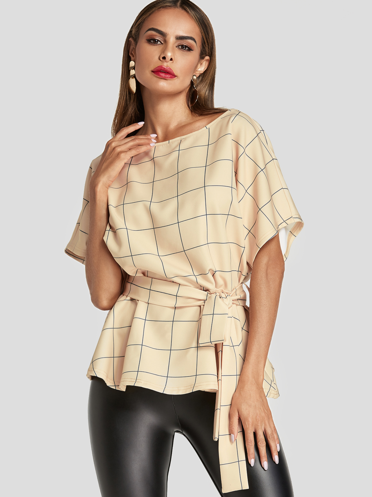 Beige Tie-up Design Grid Round Neck Blouse