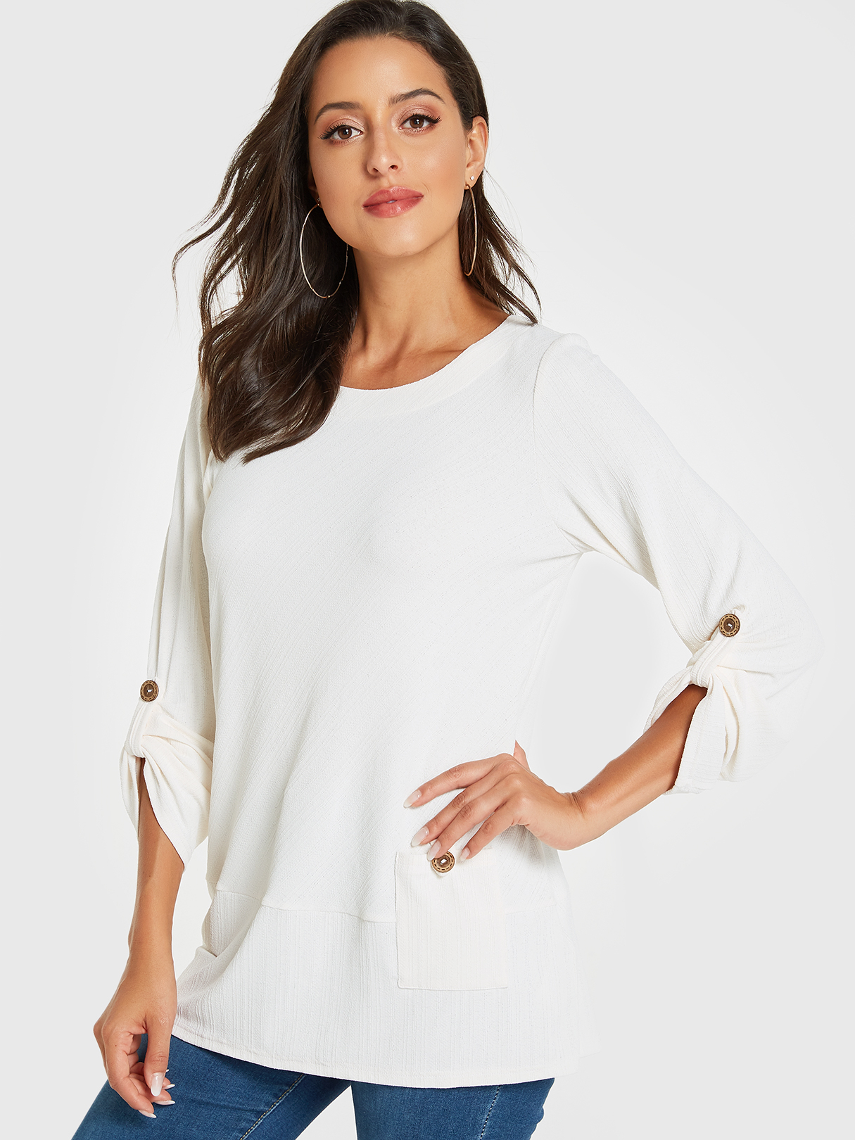 YOINS White Pocket Design Long Sleeves Tee