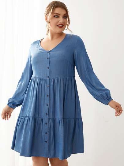 YOINS Plus Size V-neck Pleated Design Long Sleeves Mini Dress