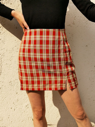 Red Slit Design Plaid High-Waisted Mini Skirt