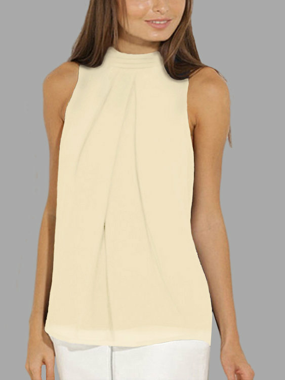 Apricot High Neck Open Back Pleated Chiffon Tank Top