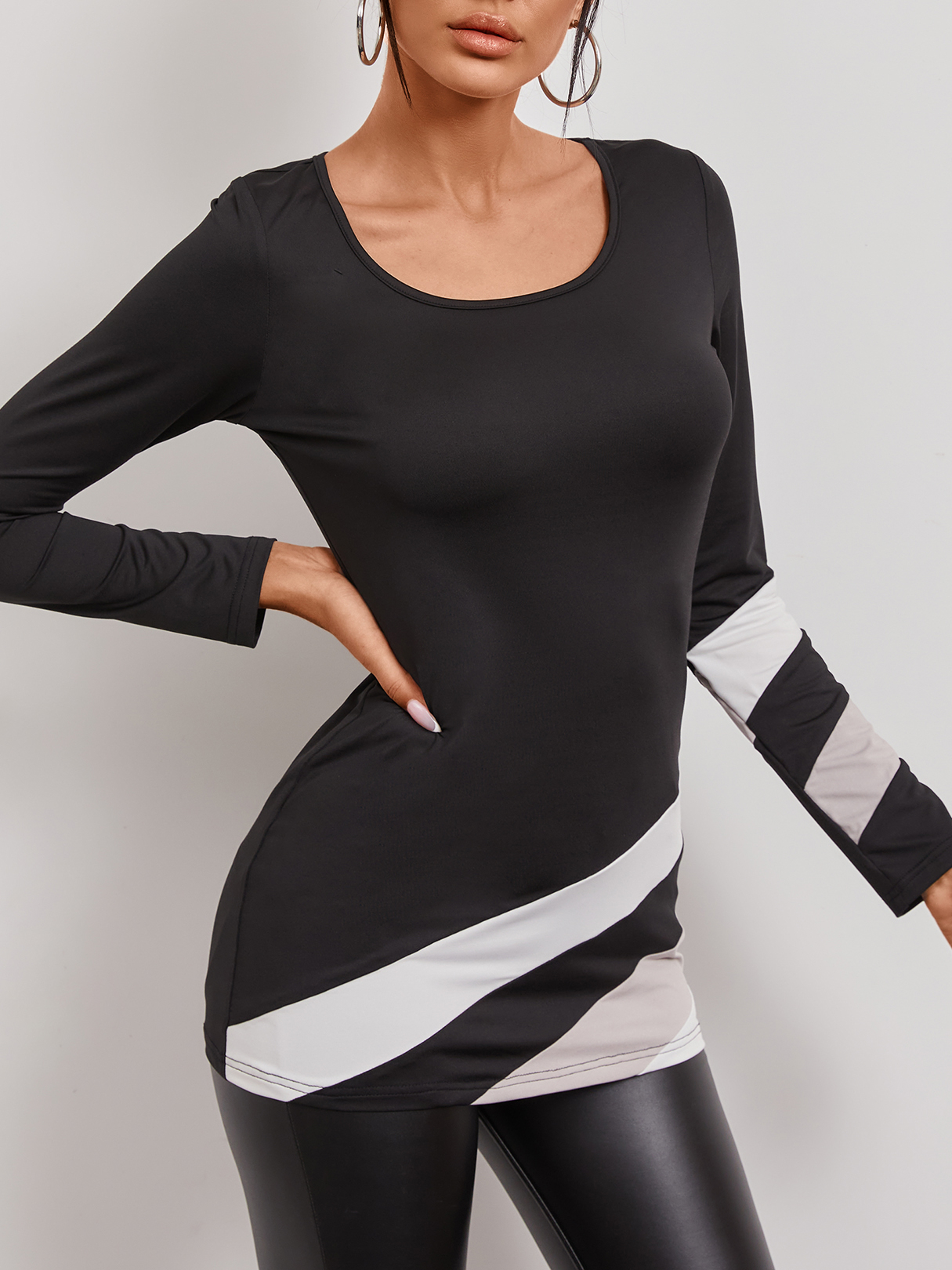 YOINS Black Patchwork Round Neck Long Sleeves Tee