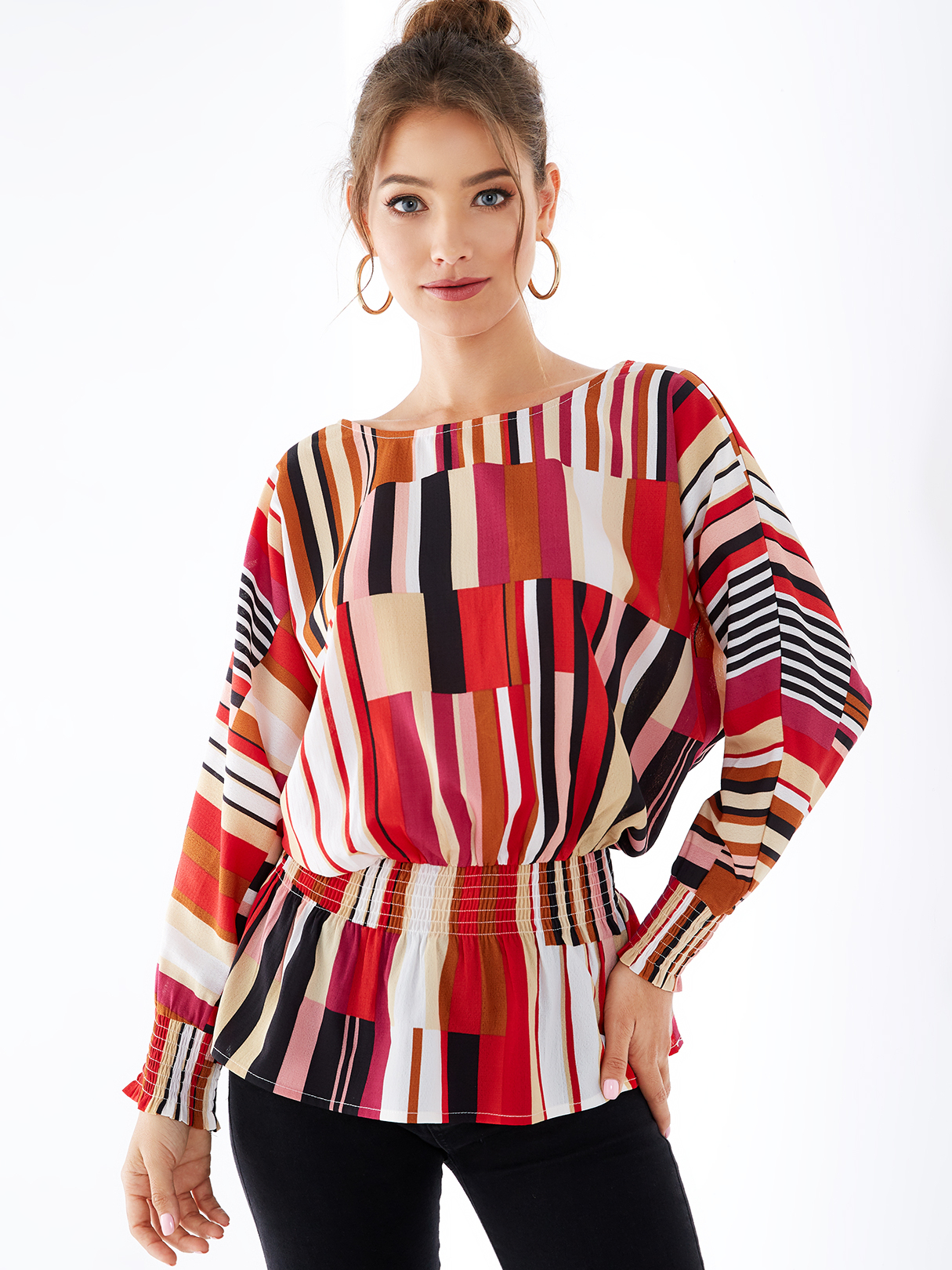 YOINS Red Color Blocking Backless Shirring Design Blouse