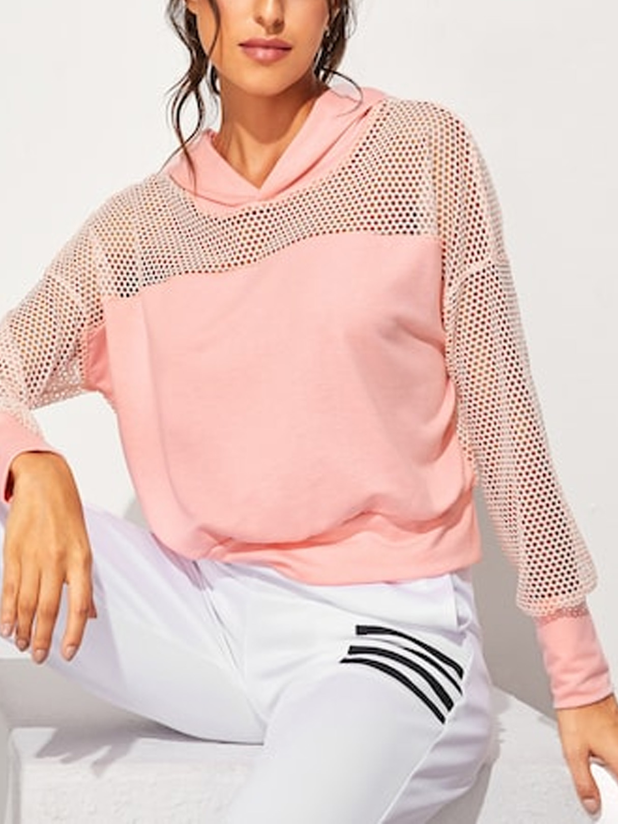YOINS Pink Fishnet Mesh Patchwork Hooded Design Hoodie