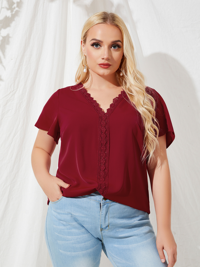 YOINS Plus Size Lace V-neck Short Sleeves Blouse