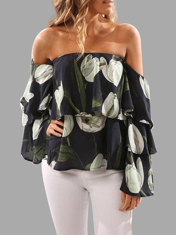 Green Tulip Print Off-The-Shoulder Top