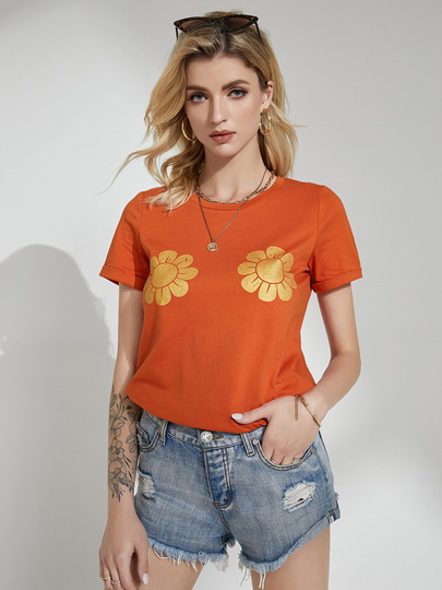 YOINS Orange Sunflower Print Crew Neck Short Sleeves Tee