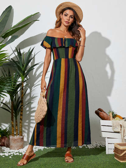 YOINS Colorful Striped Off The Shoulder Short Sleeves Maxi Dress