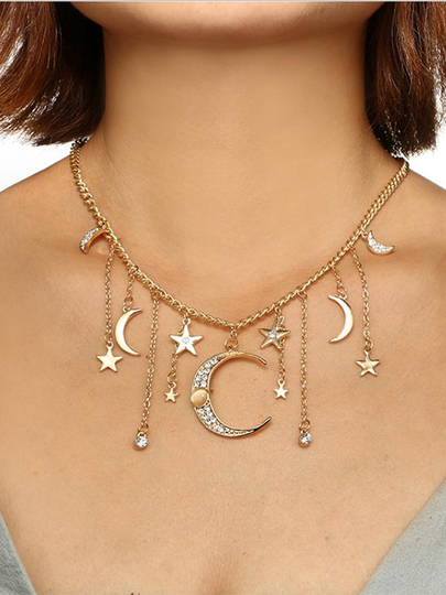Gold Star & Moon Rhinestone Pendant Necklace