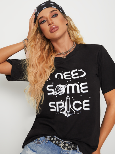 YOINS Black Letter Print Crew neck Letter Short sleeves Tee