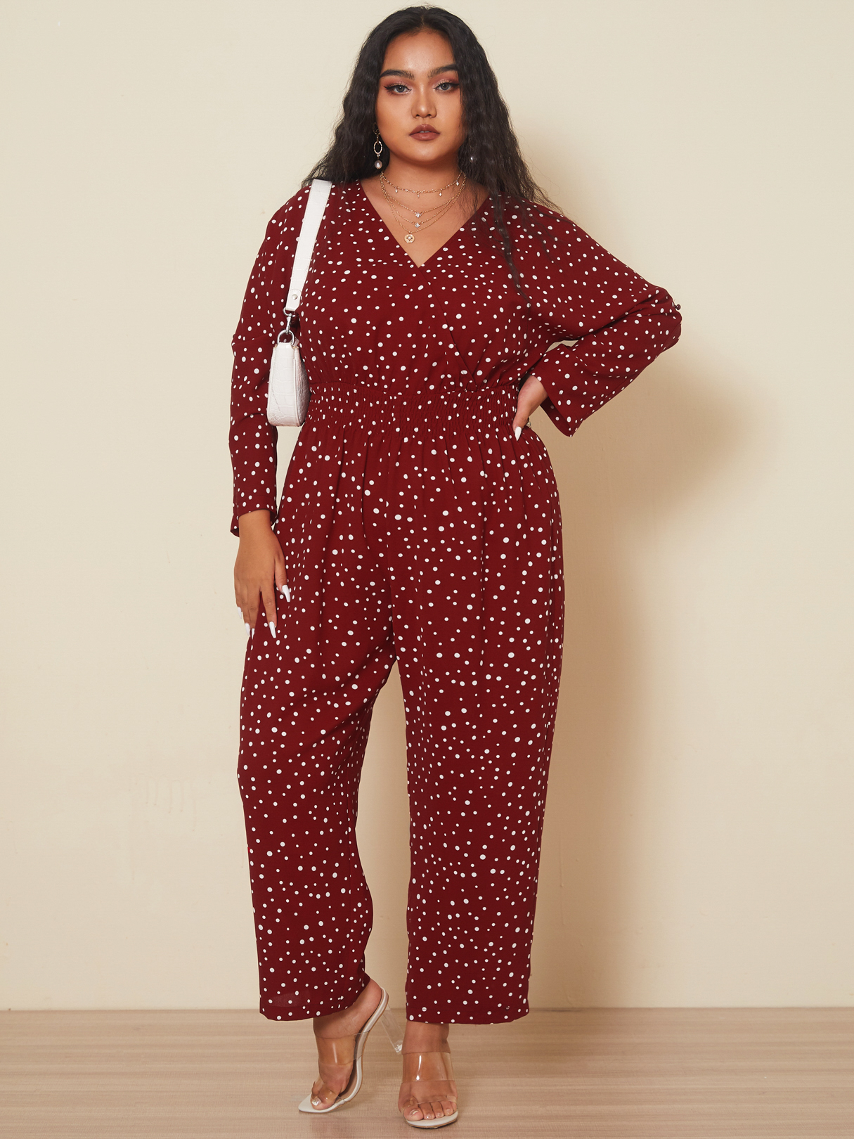 YOINS Plus Size V-neck Polka Dot Wrap Design Long Sleeves Jumpsuit