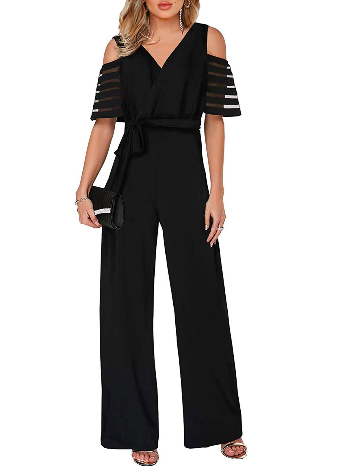 Mesh Belted Wrap Tie-up Design Cold Shoulder Wide Leg Jumpsuit