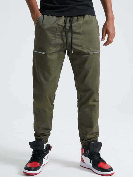 Men 100% Cotton Casual Zip Pockets Elastic Waist Casual Pants