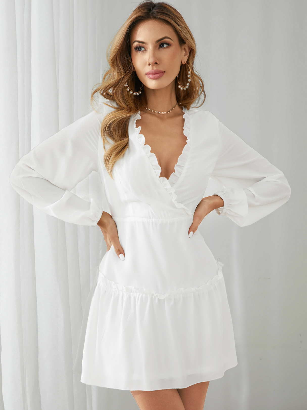 YOINS White V-neck Lettuce-edge Long sleeves Mini Dress