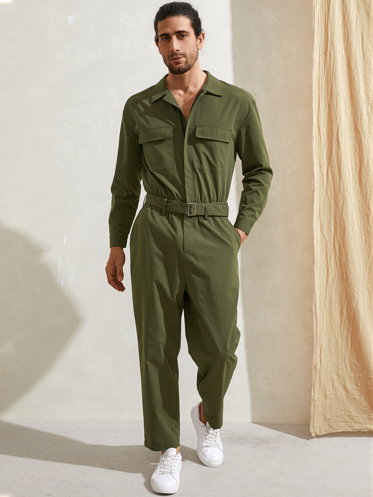 Men Fashion Casual Zip Up One Pieces Long Sleeve Overalls Jumpsuit