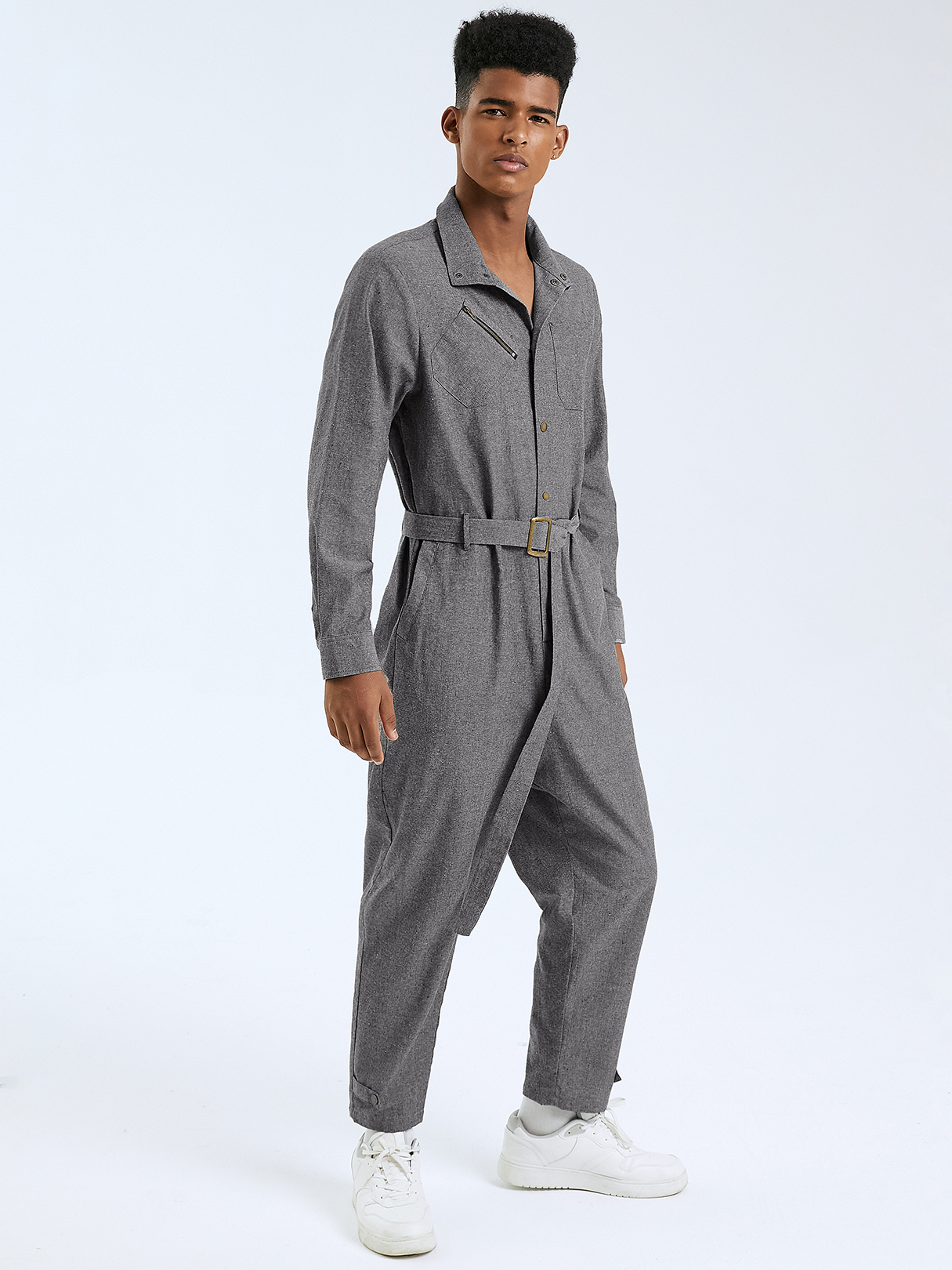 Men Fashion Digital Distortion Belt Design Long Sleeve Jumpsuit