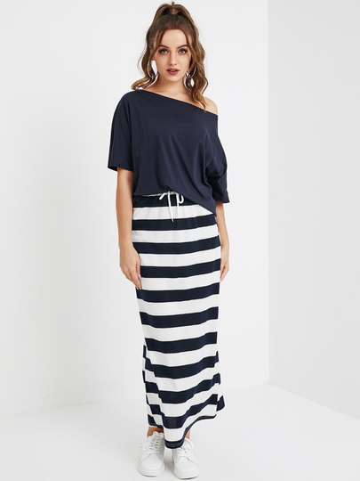 YOINS BASICS Navy One Shoulder Short Sleeves Tee
