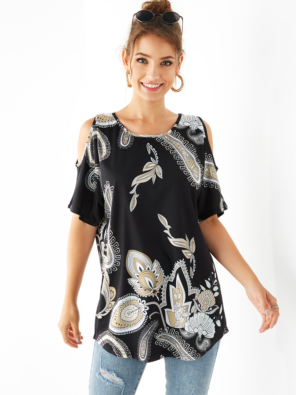 Black Paisley Print Cold Shoulder Tee