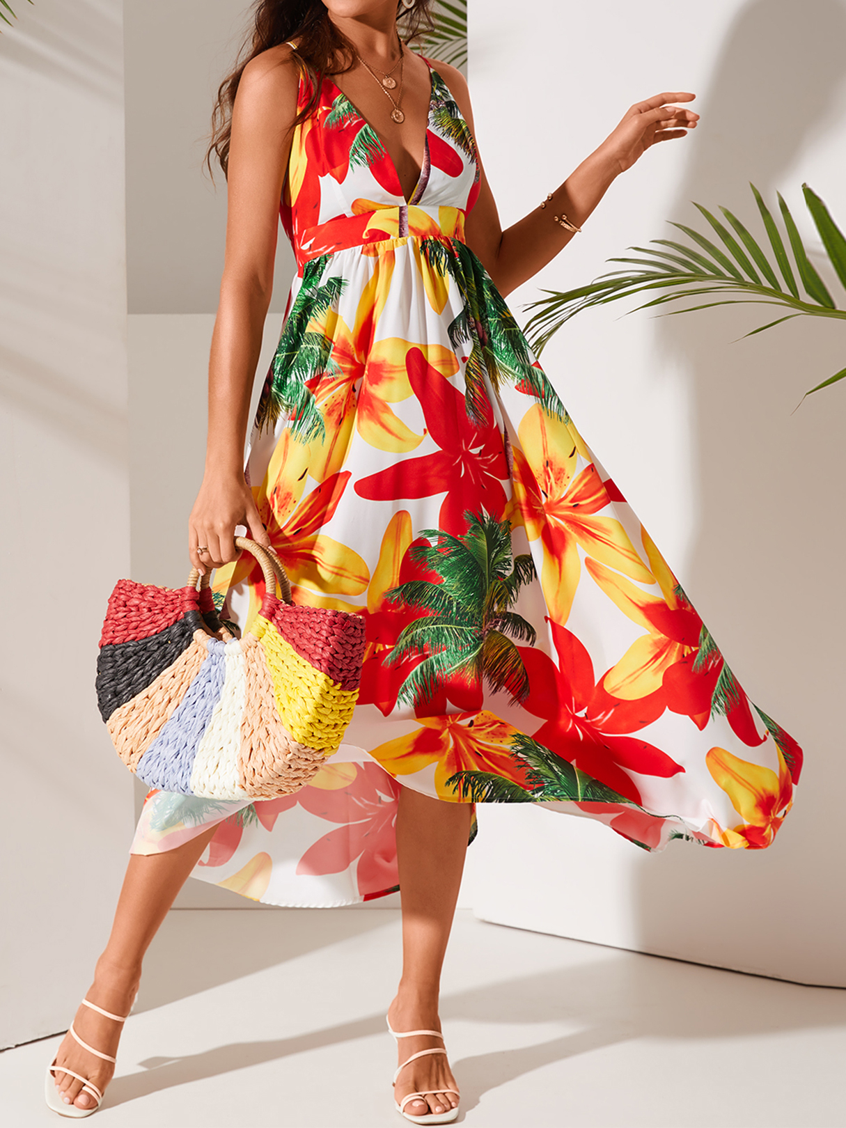 YOINS Backless Tropical Criss-cross High Slit Sleeveless Dress