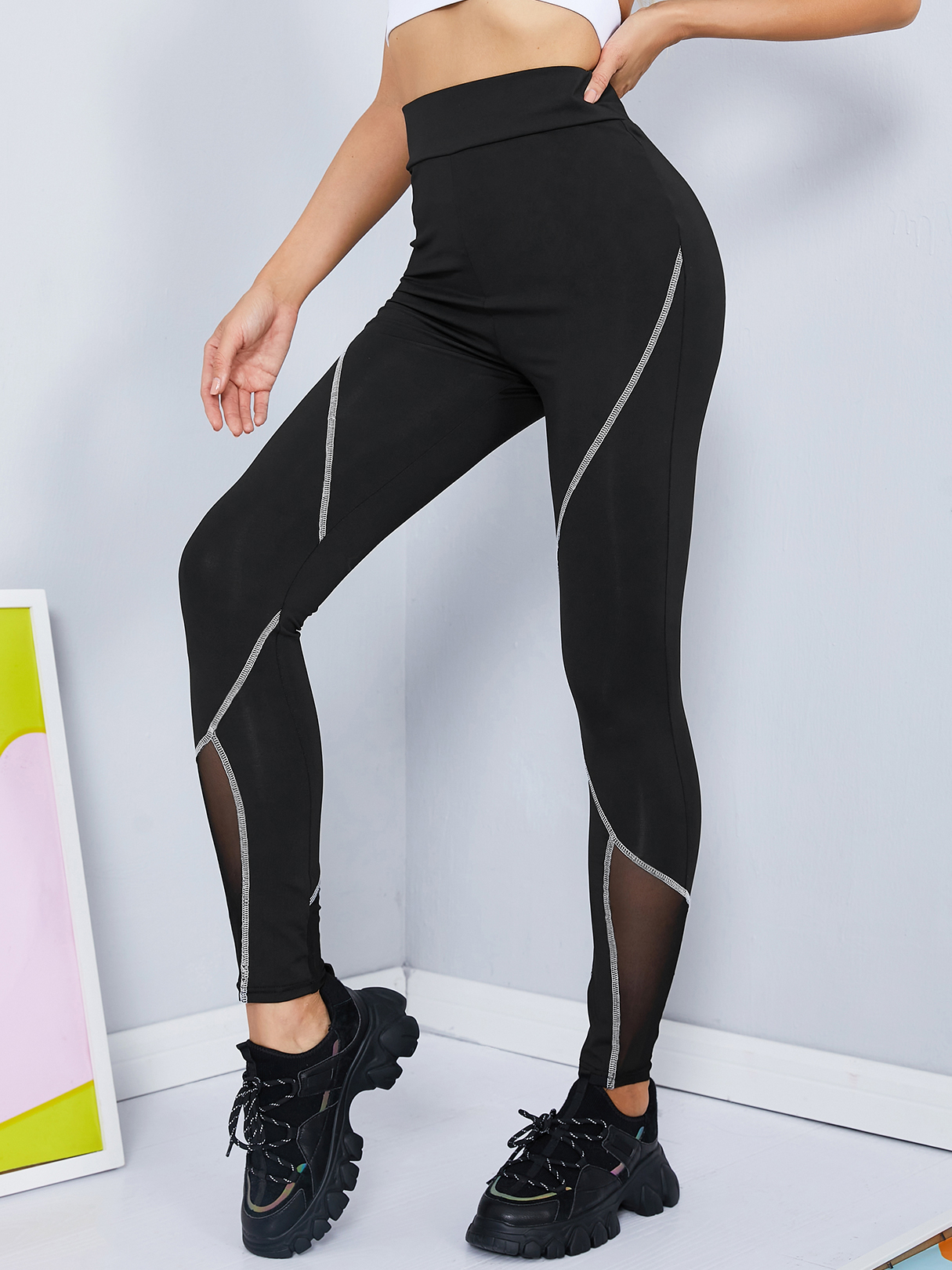 YOINS Black Patch Mesh High Waist Sports Leggings