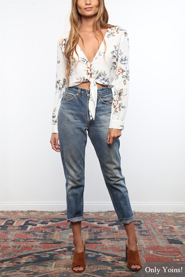 Random Floral Print Self-tie Waist Cropped Top