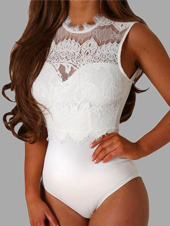 White Lace Insert Cut Out Sleeveless Bodysuits with Backless Design