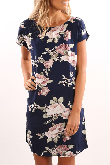 Random Floral Print Short Sleeves Dress in Navy