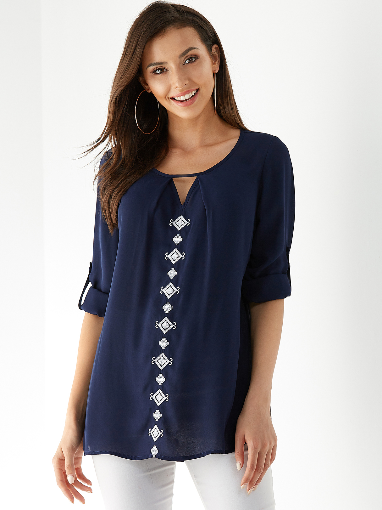 YOINS Blue Round Neck Embellished Adjustable Long Sleeves Blouse