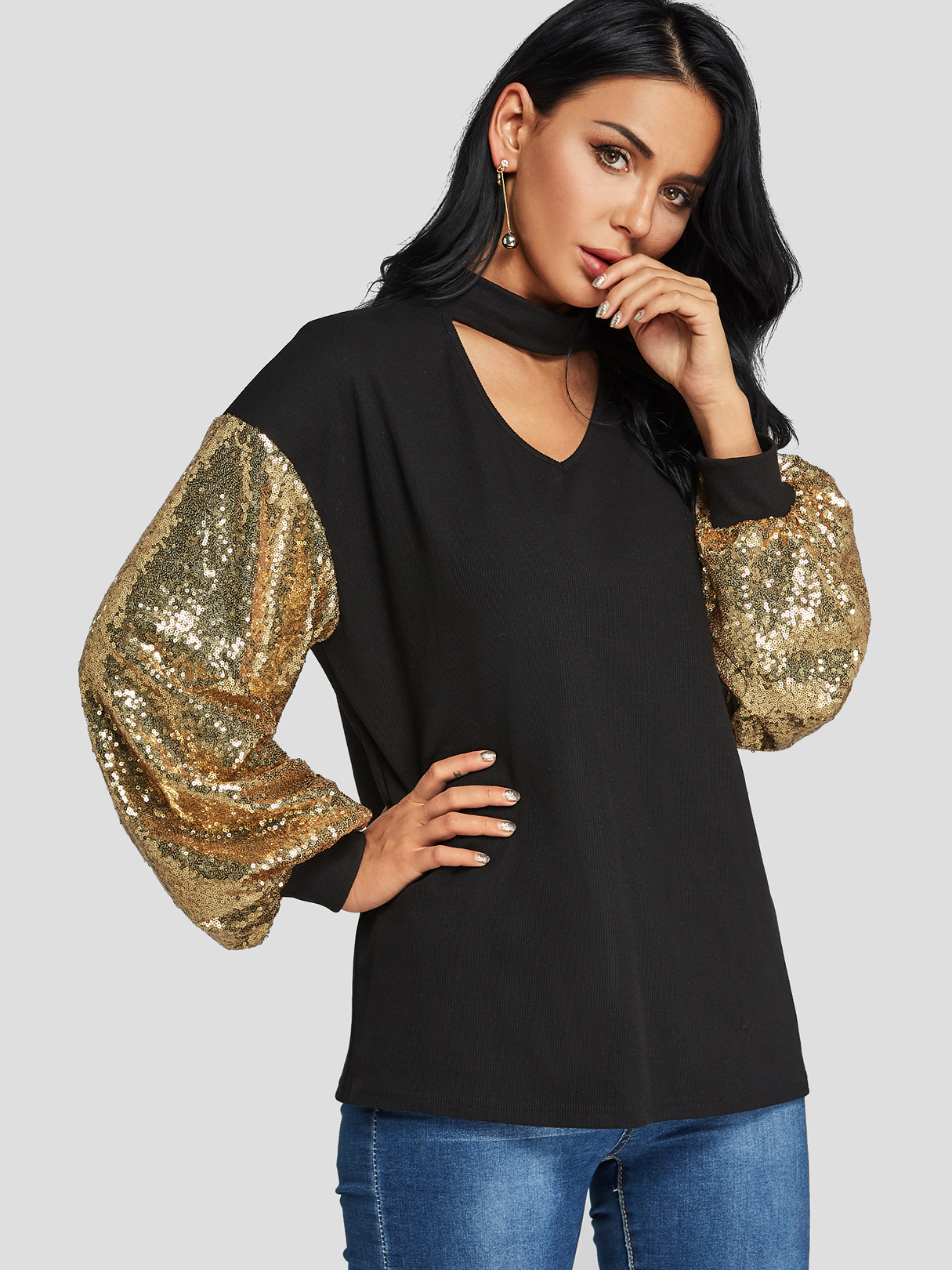 Color Block Sequins Embellished Lantern Sleeves Top