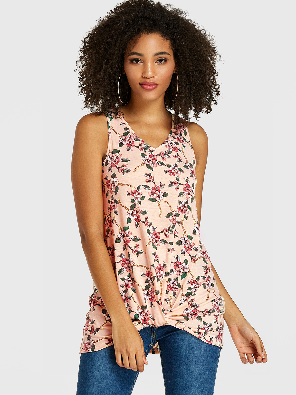 Pink Random Floral Print V-neck Twist Tank Top