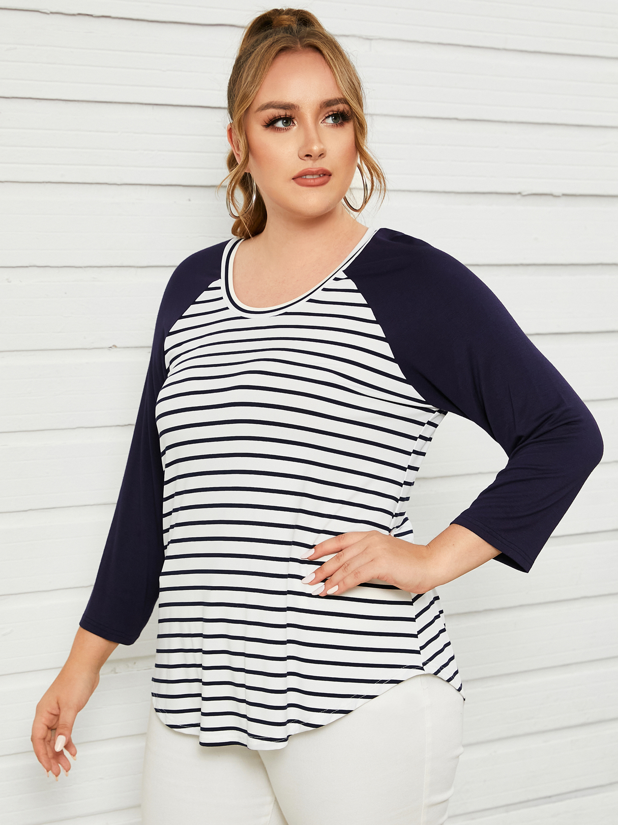 YOINS Plus Size Round Neck Striped Patchwork Design 3/4 Length Sleeves Tee