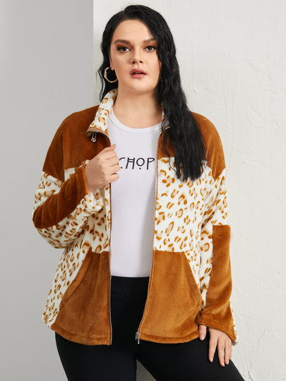 YOINS Plus Size Lapel Collar Leopard Side Pocket Zip Front Long Sleeves Jacket