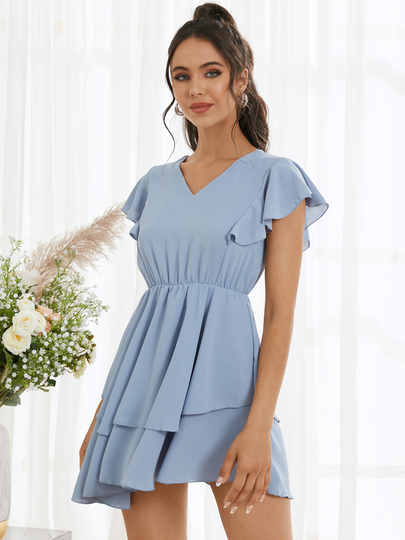 Blue Ruffle Trim V-neck Short Sleeves Mini Dress