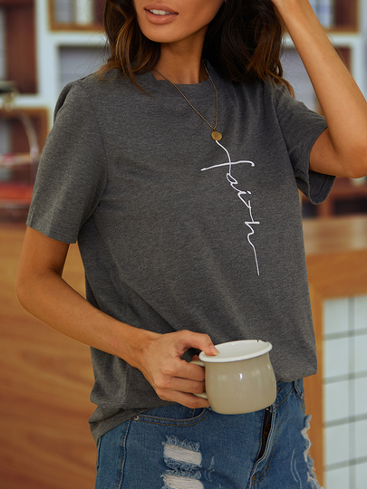 YOINS Grey Graphic Round Neck Short Sleeves Tee