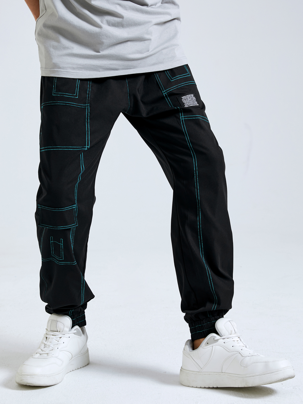 Men Fashion Black Multi-Pocket Drawstring Waist Cargo Pants