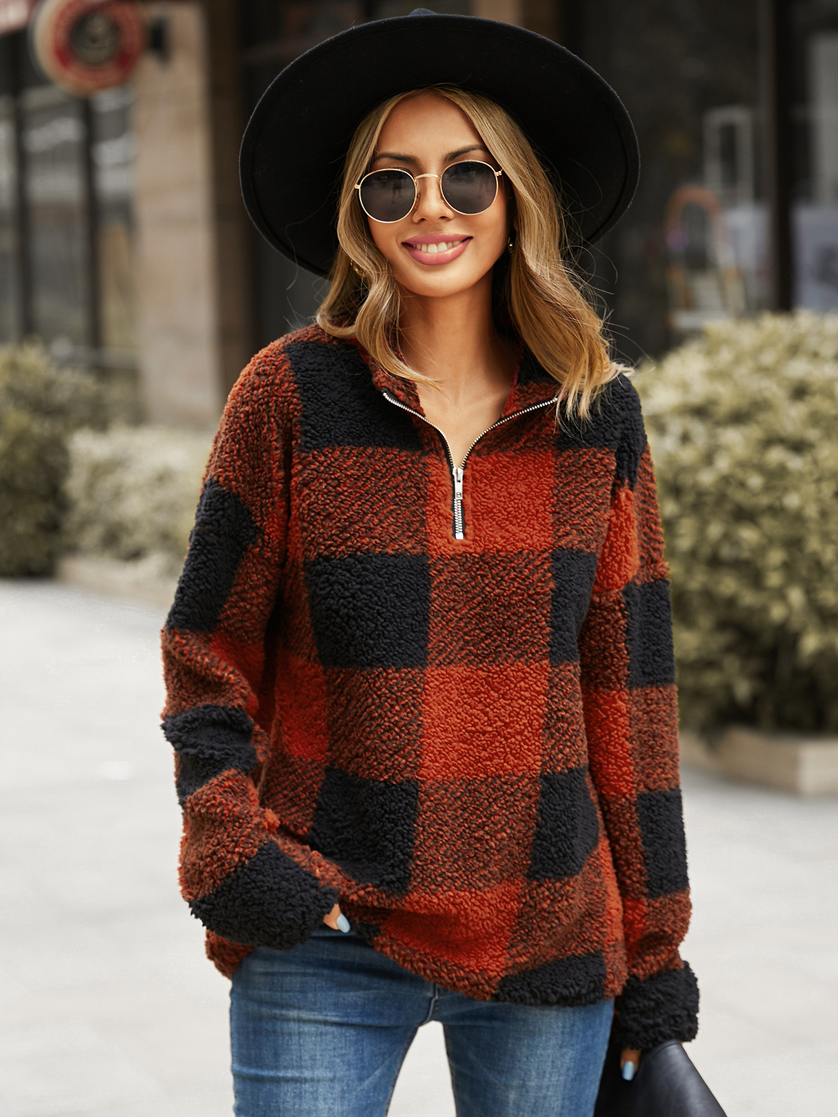 YOINS Plaid Zip Design Long Sleeves Sweatshirt