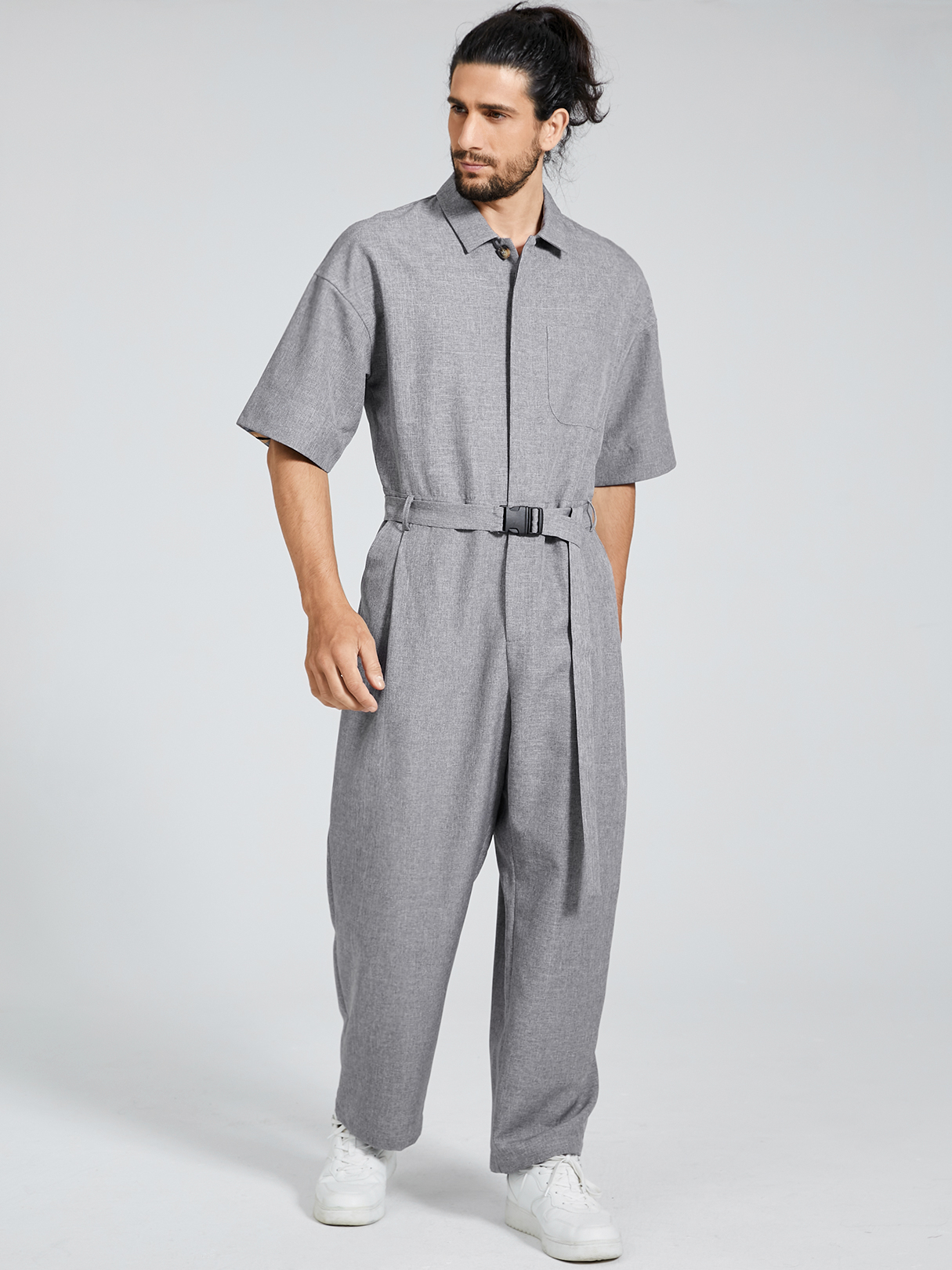 Men Fashion Belt Design Zip Front Short Sleeve Overalls Jumpsuit