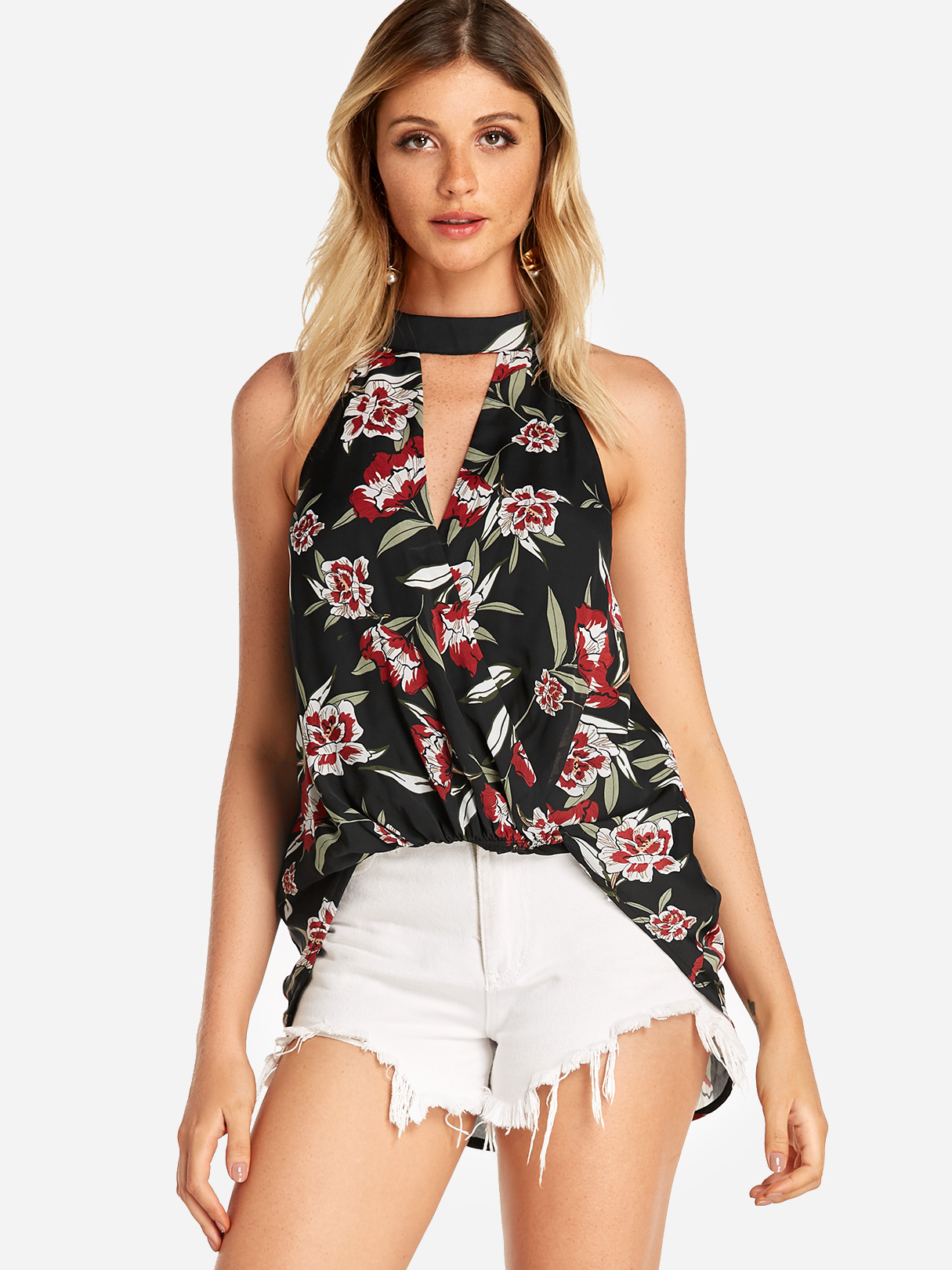 Black Crossed Front Random Floral Print V-neck Cami
