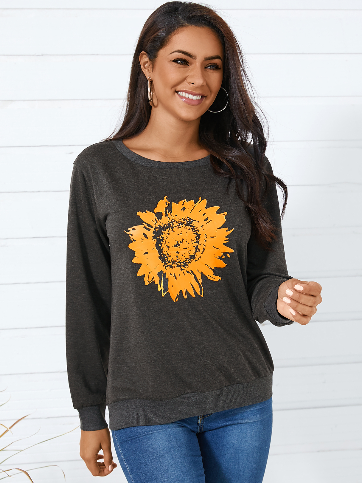 YOINS Grey Print Round Neck Long Sleeves Sweatshirt