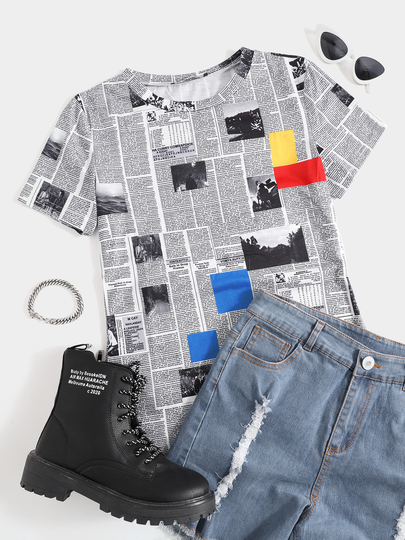 YOINS Newspapper Pattern Crew Neck Short Sleeves Tee