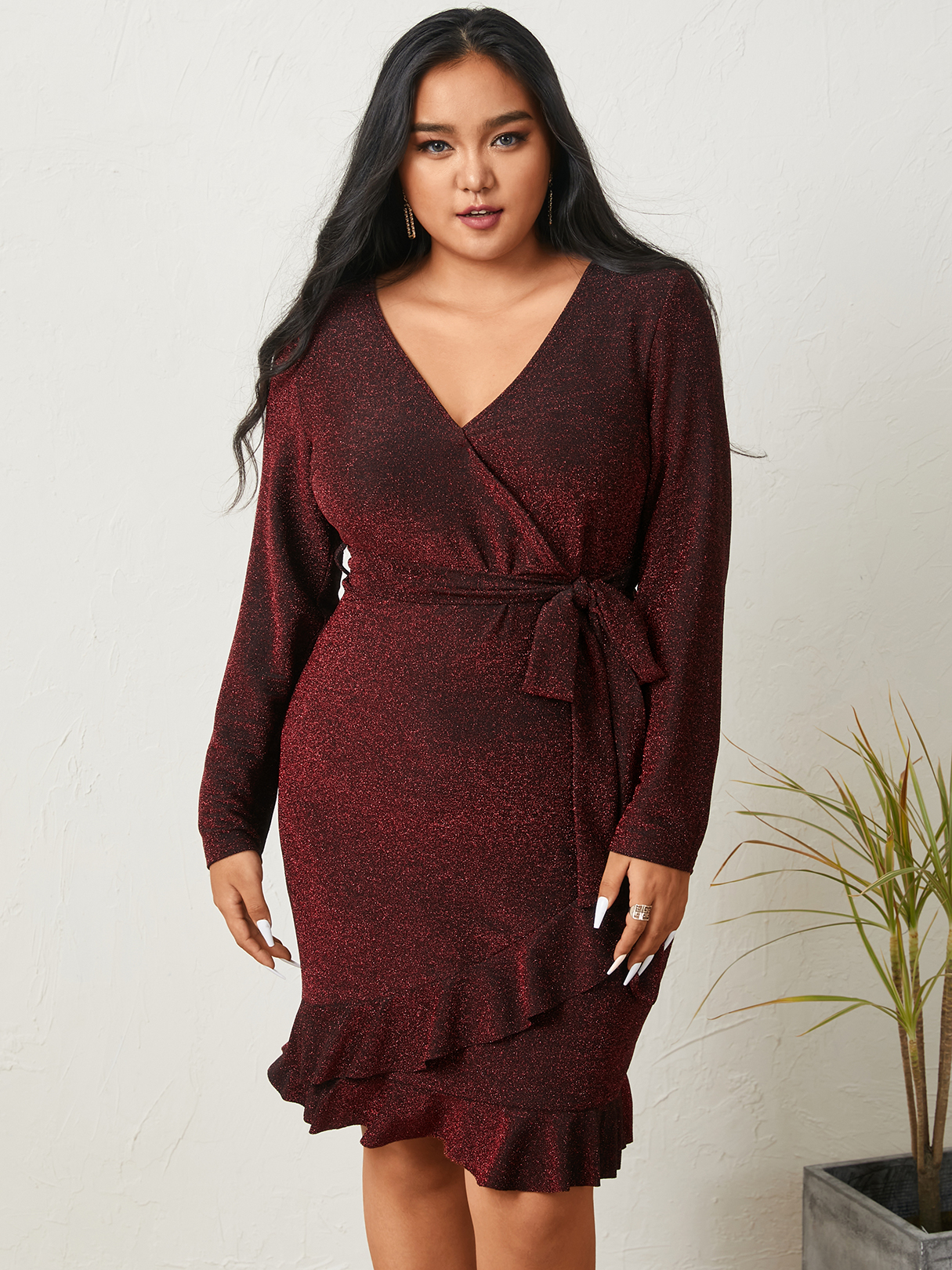 YOINS Plus Size V-neck Belt Detail Wrap Design Long Sleeves Mini Dress