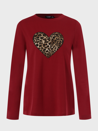YOINS Red Leopard Heart Print Crew Neck Long Sleeves Tee