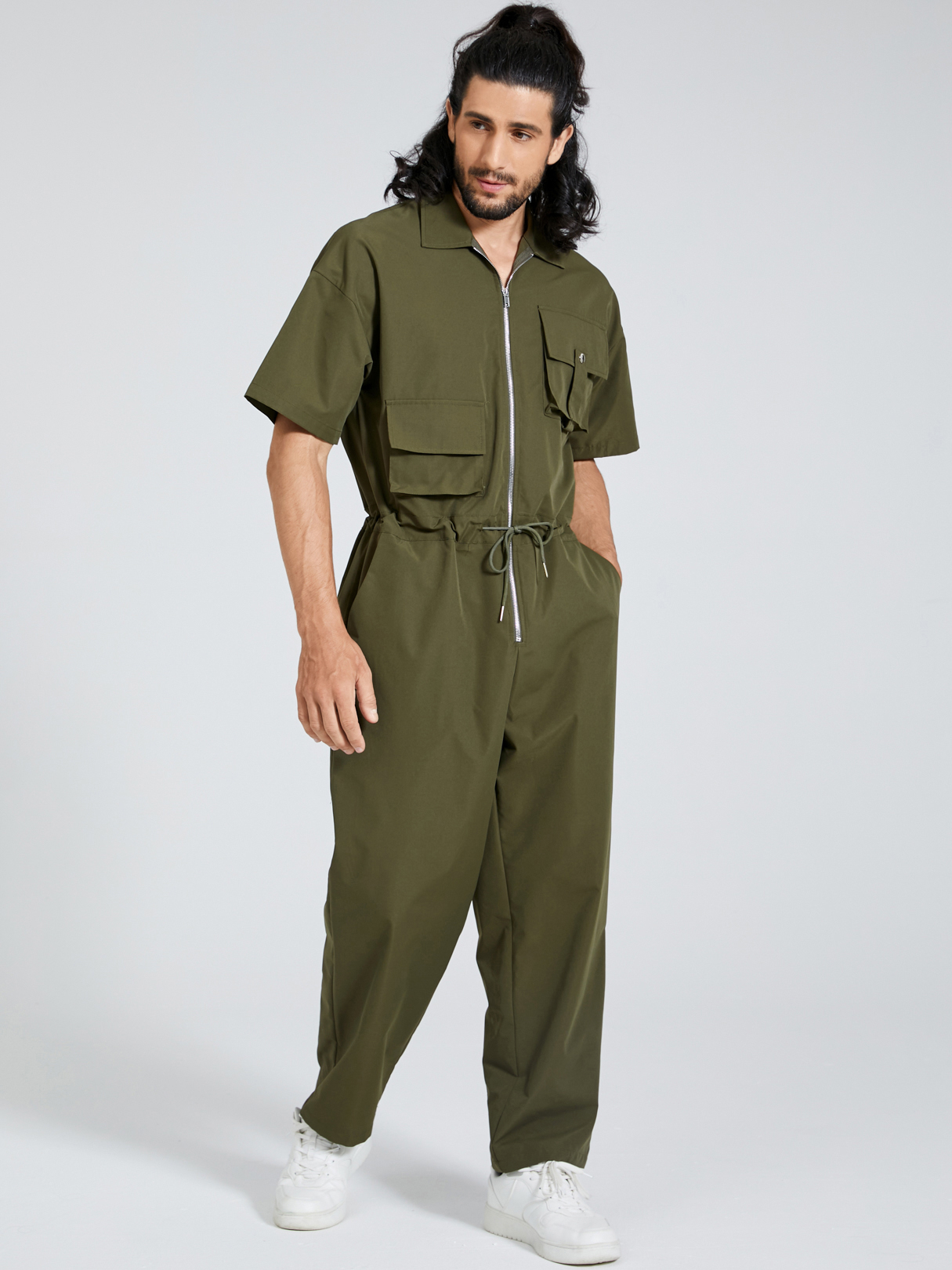 Men Streetwear Hip Hop Style Zip Front Short Sleeve Overalls Jumpsuit
